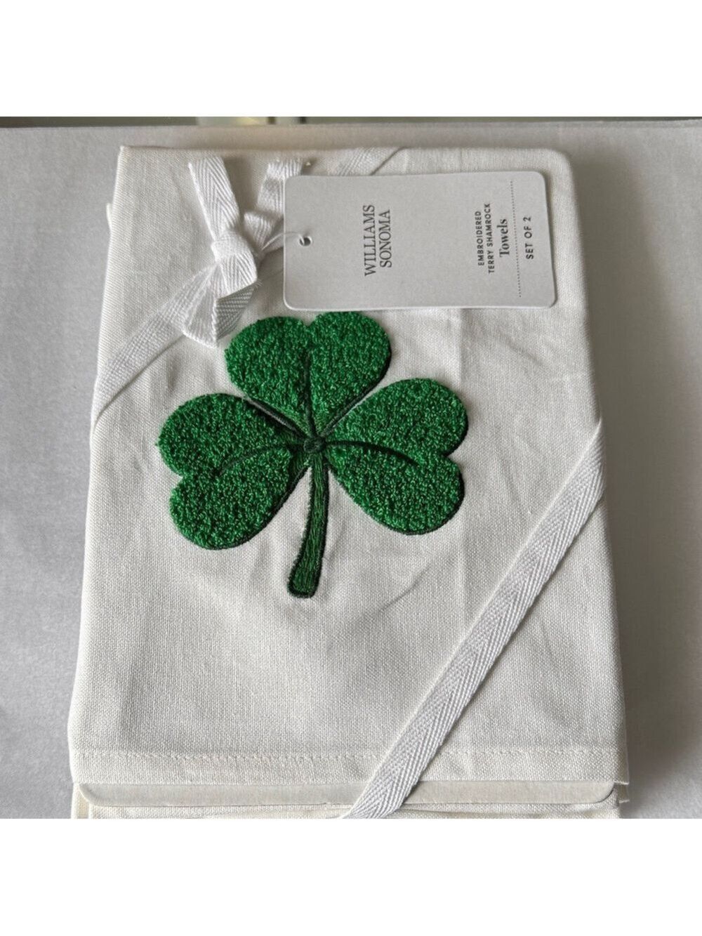 Williams Sonoma White Tea Towels with Embroidered Green Shamrock